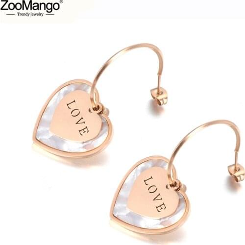 ZooMango Romantic Titanium Steel Love Double Heart Stud Earrings For Women Girls Rose Gold White Shell Earrings Jewelry ZE19181