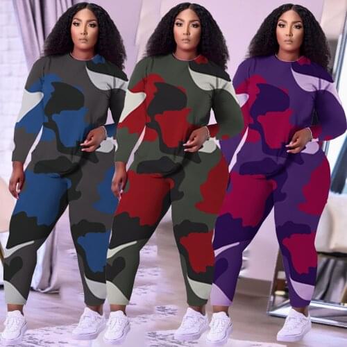 Camouflage Printing Women Tracksuits Outfits 2021 Autumn Plus Size Round Collar Pullover Tops Elastic Waist Skinny Legging Suits