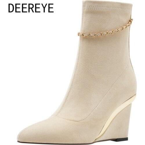 Women Elegant Suede Increase Wedge High Heel Elastic Mid-Calf Sock Booties Gold Chains Decoration Zipper Dress Party Shoes 2021