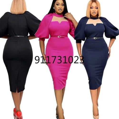 Women Bodycon Dresses Lantern Sleeves Elegant Office Ladies Work Wear 2021 New Fashion African Female Summer Dress With Belt