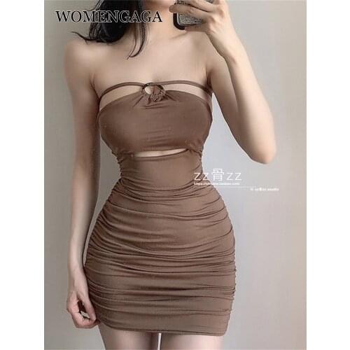 WOMENGAGA Sexy Neck Lace Bandage Hollowed Out Temperament Backless Fold Show Thin Solid Short Mini Dress Dresses 3JWF