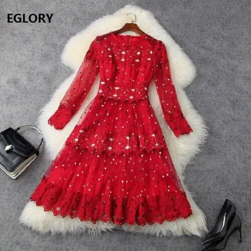 Ball Gown Dress 2021 Spring Party Vintage Women O-Neck Hollow Out Embroidery Mesh Patchwork Long Sleeve Red Blue Lace Dress