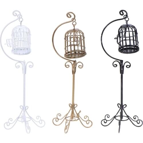 1PCS 1:12 Mini Dollhouse Metal Bird Cage Model With Holder Alloy Miniature Decorations Modern Home Room Crafts