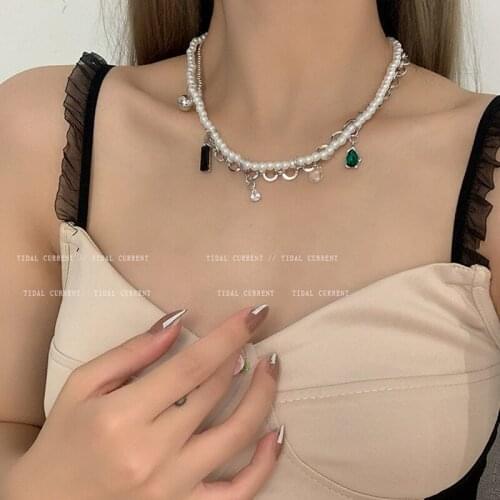 12pcs/lot South Korea Retro Imitation Pearls Necklace Ball Tag Double Clavicle Chain Hip Hop Necklace Accessories for Women