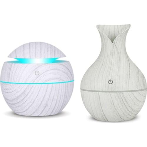 2 Set 130Ml Air Humidifier USB Charge Aroma Diffuser Ultrasonic White Wood Grain with 7 Color Led Light Ball & vase