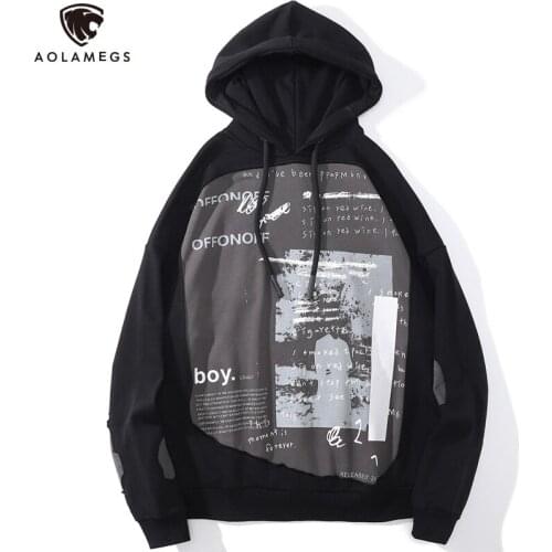 Aolamegs Hoodies Men Letter Illustration Drawstring Pullovers Couple Baggy Cozy Fleece Hooded Tops Soft Warm Hipster Streetwear