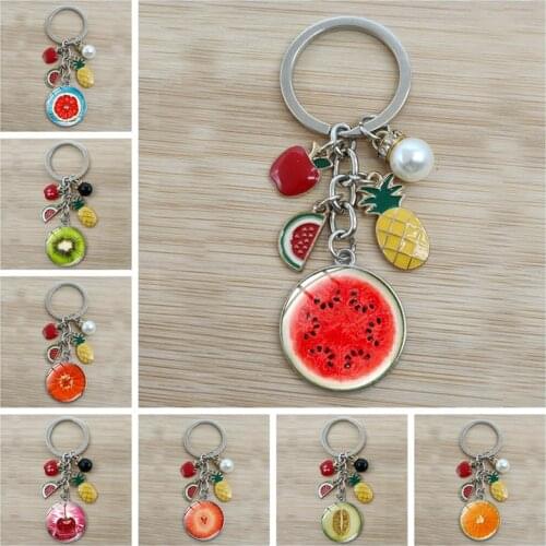 Summer Fruit Slice Picture Glass Dome Keychain Watermelon Kiwi Lemon Orange Blueberry Small Jewelry Charm Pendant Keychain