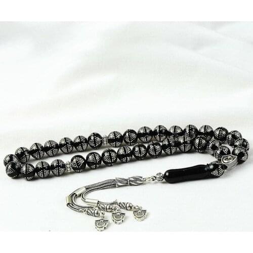 Natural Jet Stone Prayer Bead With Silver Tassel Men Rosary Islamic Tasbih With Crescent Star Tassel 925 Sterling Silver