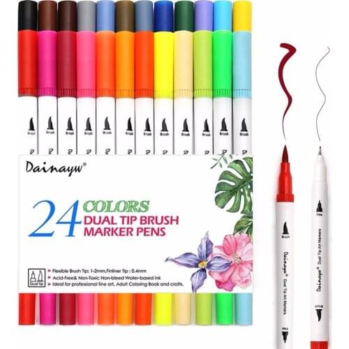 Dainayw 24 Colors 0.4mm Fineliner Water based ink Dual Head Sketch Markers Brush Pen For Draw Coloring Books Design Art Supplies