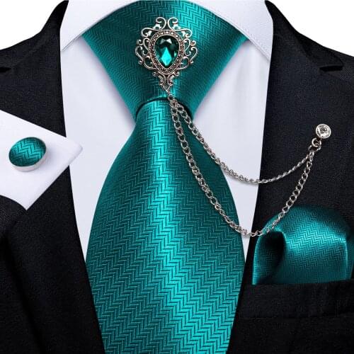 Teal Blue Solid Mens Silk Tie Set 8cm Width Neck Tie Handkerchief Cufflinks Wedding Tie Brooch Chain Gift For Men DiBanGu