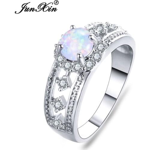 JUNXIN Luxury White Fire Opal Stone Ring Fashion Simple Round Finger Ring Vintage Wedding Rings For Men And Women
