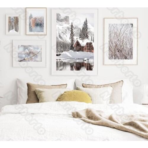 Modern Style Canvas Painting Poster Snow Landcape Buildings Flowers Plants with Pure White Snow for Home Rooms Wall Decoration