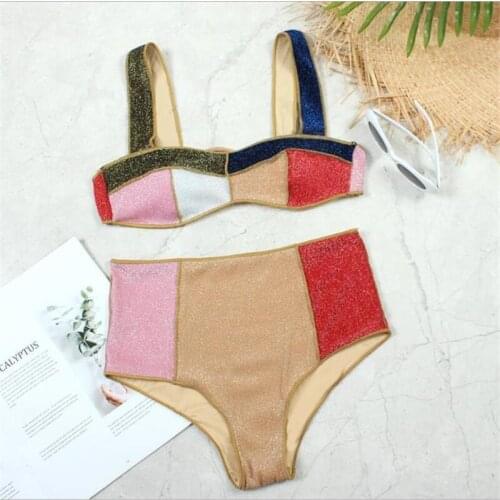 Sexy Women Splicing Bikini Set, Low Cut Sleeveless Back Tie Up Bra High Waist Panties for Summer Beach
