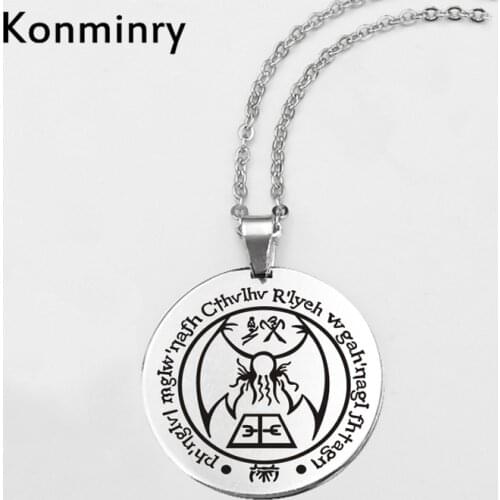 Konminry Cthulhu R'lyeh Sigil H.P. Stainless Steel Necklace Round Pendant Chain Necklace For Women Men Gifts