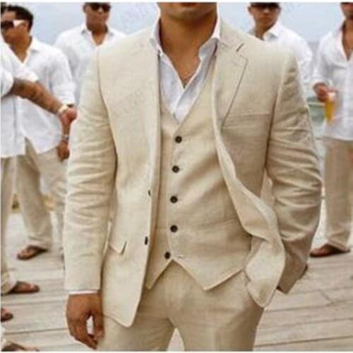 Tailor-made Summer Beige Linen Wedding Suit for men slim fit 3 piece Tailored busine formal professional suits Custom man Blazer