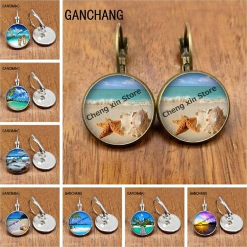 Round glass convex round beach tree image glass dome earrings, fashion jewelry