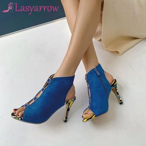 Lasyarrow Women Sandals Boots Summer New Suede Peep Toe Rhinestone Buckle Hollow Super High Heels 2021 Ladies Shoes Size 43