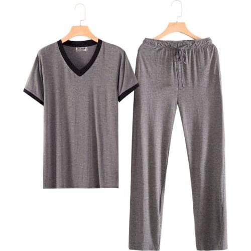 Mens Sets Casual V-Neck Home Mens Clothing Patchwork PJs Sleepwear Summer Thin Loose Nightgown Man Soft Modal Home Clothes