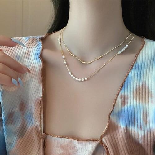 2021 new hot sale cold wind simulation pearl double layered to wear exquisite fashion niche super fairy clavicle chain accessors