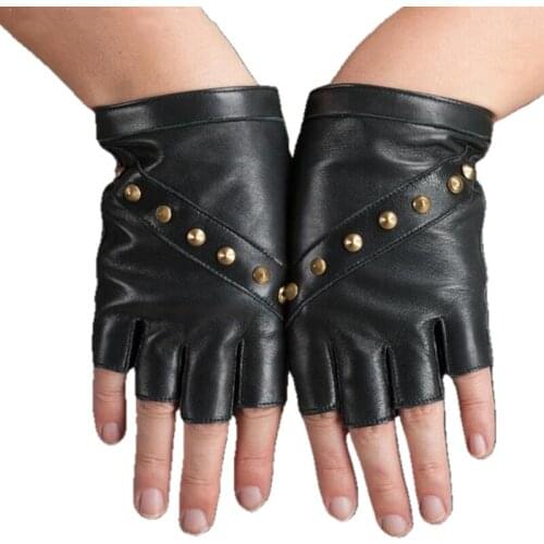 Men and Women Genuine Leather Semi-Finger Gloves Solid Unisex Adult Fingerless Mittens Real Genuine Sheepskin Driving Gloves