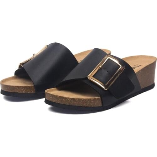 Metal Buckle wedges slippers shoes women beach flip flops platform cork sandals leopard outside antiskid creepers slides woman