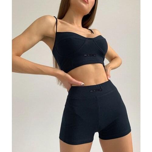 Sport Matching Women Shorts Set Ribbed Knitted Crop Top And Biker Shorts Two Pieces One Suit Booty Shorts Set Tracksuit