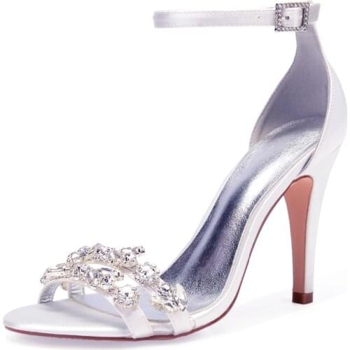 High Heels Rhinestones Bridal Sandals Women Summer Shoes Open Toe Ankle Buckle Strap Satin Formal Party Dress Sandals