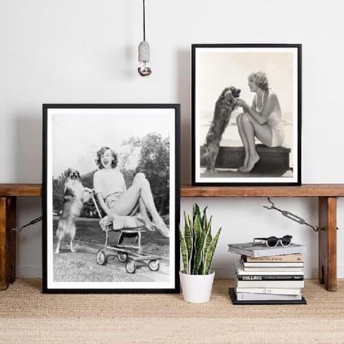 Young Woman and Cocker Spaniel Pet Dog Prints Black White Photography Nordic Vintage Poster Home Wall Art Decor Canvas Painting