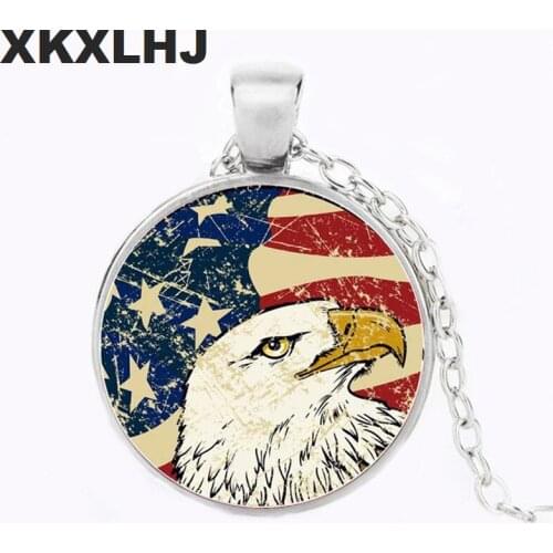 XKXLHJ Retro American Flag Time Gem Necklace USA Star and Eagle Pattern Handmade Photo Crystal Glass Pendants Necklaces Jewelry