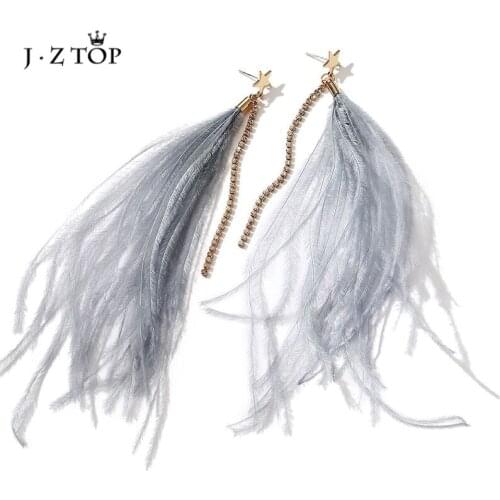 Women Winter Ostrich Feathers Drop Earrings Ladies Long Tassel Crystal Rhinestone Star Dangle Earrings Bohemian National Style