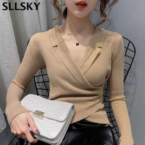 SLLSKY V-neck Sweater Women Knitted Bottoming Shirt 2020 Autumn New Solid Slim Pullover Casual Long Sleeve Soft Outside Sweater