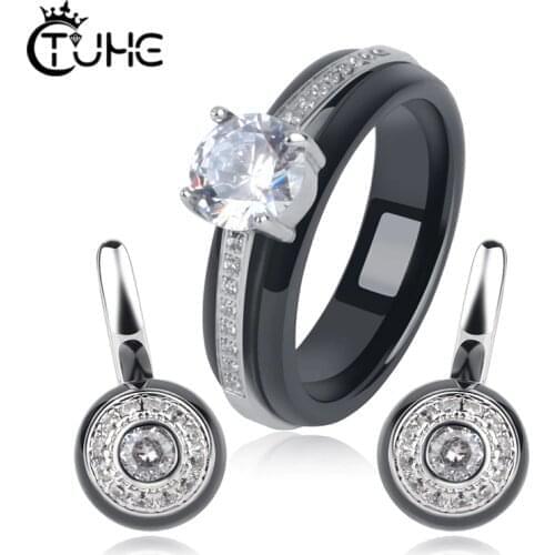 One Big Carat Crystal Jewelry Sets For Women Party Jewelry Gifts Stainless Steel Ceramic Rings Earring Sets Wedding Jewerly Gif