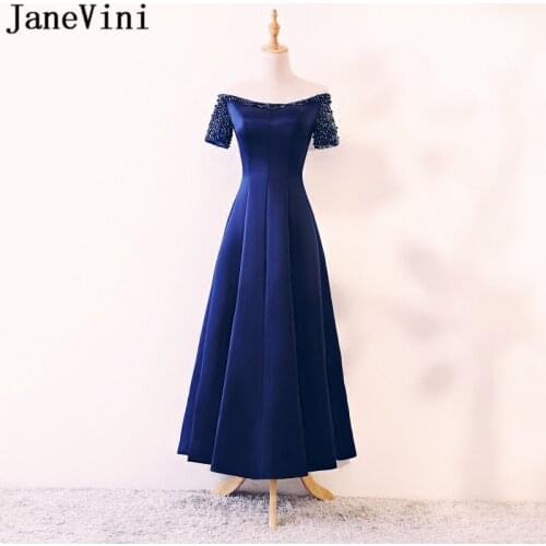 JaneVini 2018 Royal Blue Satin Beads Bridesmaid Dresses A Line Draped Boat Neck Backless Ankle Length Plus Size Prom Party Gowns