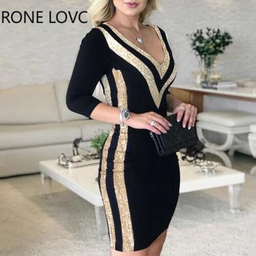 Women Long Sleeve Sequins Colorblock Long Sleeve Dress Bodycon Dress Elegant Fashion Party Dress