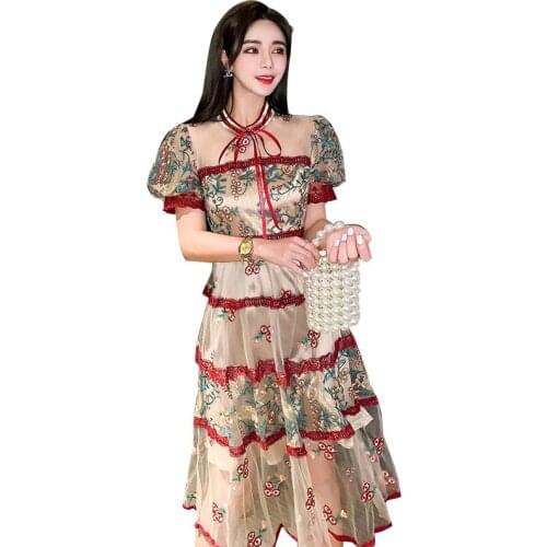 High Quality Best-selling Retro Fashion 2020 summer new fashion mesh embroidery stitching elegant temperament dress women