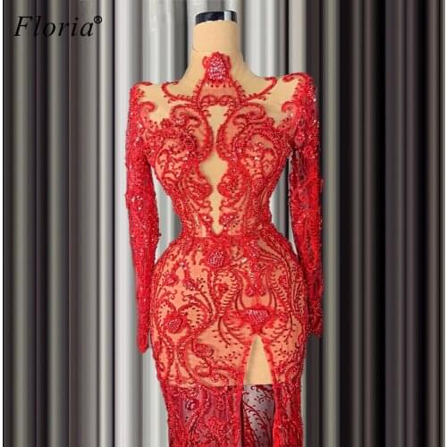 Illusion Red Beading Celebrity Dresses Mermaid Long Sleeves Evening Dresses For Women Turkish Couture Elegant Prom Party Dresses