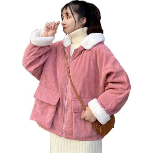 Winter Jacket Coat Women Streetwear Korean Style Plus Fleece Padded Loose Corduroy Short Jackets Female Parkas Overcoat