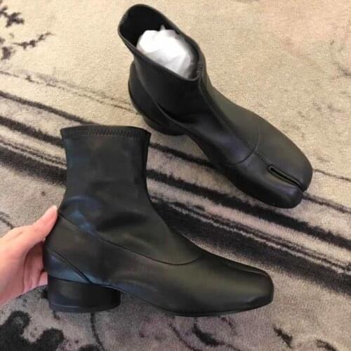 Black Sock Women Boots Tabi Leather Short Ankle Boots Med Heels Pumps Ladies Shoes Designer Chelsea Boot New Botas Mujer Booties