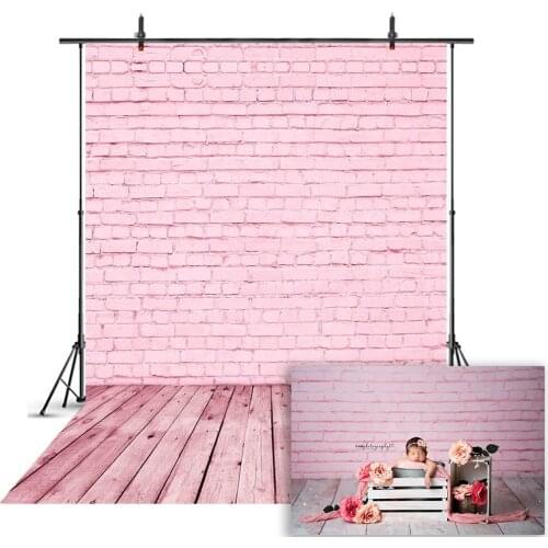 Pink Brick Wall Newborn Baby Portrait Photo Background Grey Wood floor Birthday Party Photography Backdrop Baby Shower Photo