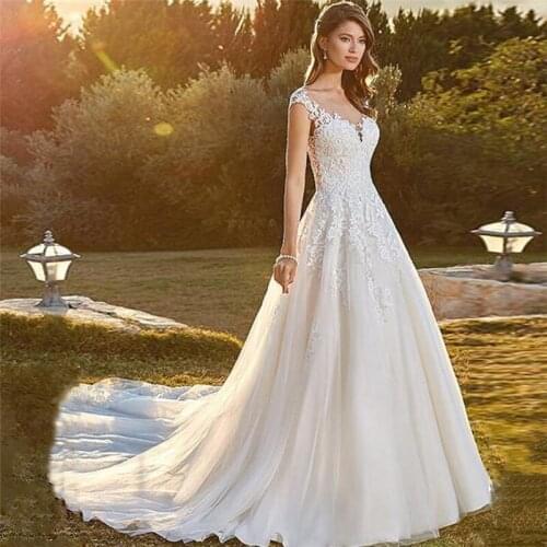 Illusion Sheer Neck Wedding Dress For Ladies Cap Shoulder Buttons Back Lace Appliques Modest Women Bridal Gowns Garden Fashion