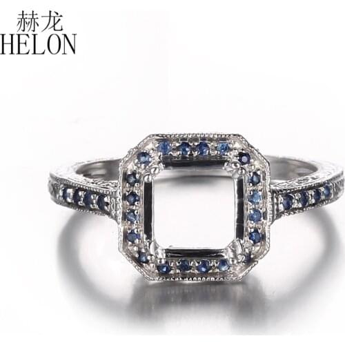 HELON Sterling Silver 925 Pave 0.2ct Genuine Sapphires Gemstone Ring Cushion Cut 7x7mm Semi Mount Women Ring Setting
