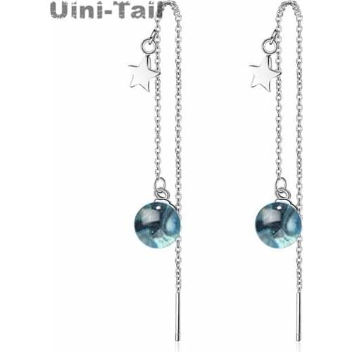 Uini-Tail hot new 925 sterling silver blue star ear line personality long paragraph fringed temperament crystal ball jewelry