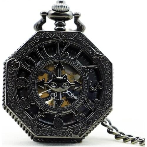 10pcs/lot Antique Black Hollowed Arabic Numerals Skeleton Mechanical Pocket Watch with Chain Men Women Pocket Watches
