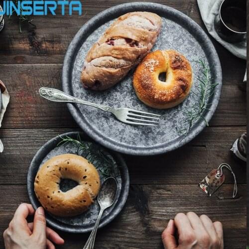 JINSERTA Metal Serving Tray Antique Round Wrought Iron Storage Tray Dessert Fruit Cake Bread Plate Home Kitchen Decoration