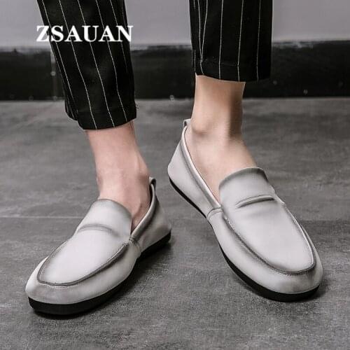ZSAUAN Black White Men Casual Loafers Leather Driving Mens Flats Brand Retro Breathable Daily Handmade Male Footwear Soft