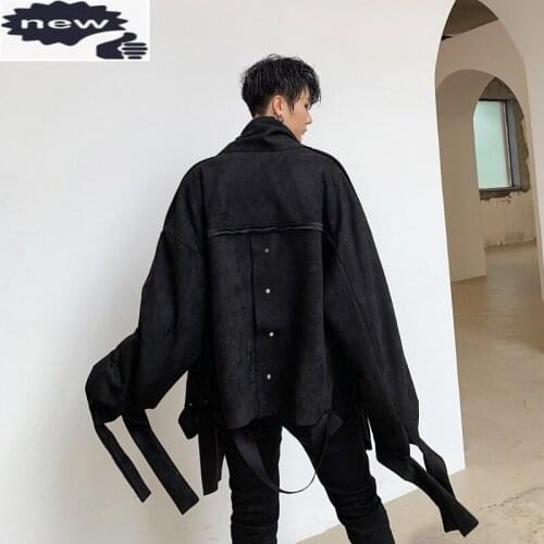 Personality Designer New Irregular Men Suede Jackets High Street Autumn Casual Loose Fit Stand Collar Black Male Outerwear Coats