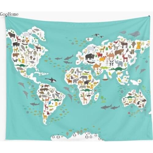 Cartoon animal world map for children and kids Wall Tapestry Beach Towel Polyester Blanket Yoga Shawl Mat