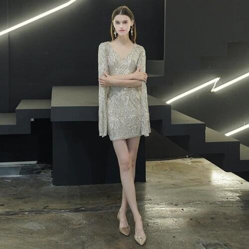 New Sequins Cocktail Dresses Tight-fitting V Neck Above Knee Prom Birthday Dress Sleeveless Sexy Wedding Guest Evening Gown 2021