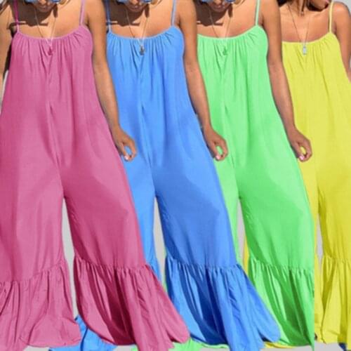New Arrivals Women Solid Spaghetti Strap Jumpsuits 2021 Spring Ladys Casual Sleeveless Backless Pockets Plus Size Loose Rompers