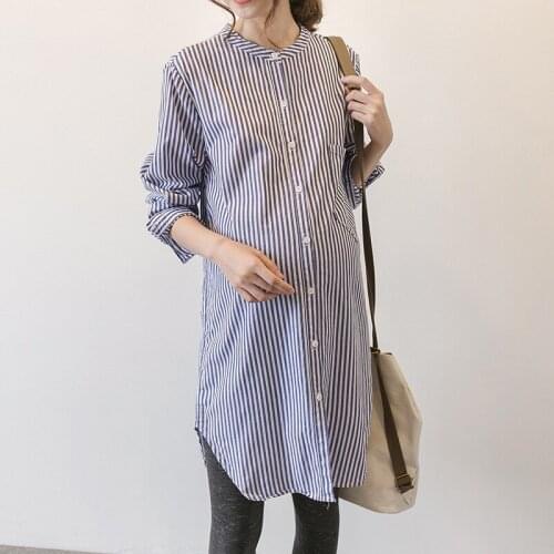 Maternity Expectant Mother Dresses Pregnant Women Long Sleeve Stripe Shirt Long Blouse Single-Breasted Tops Round Neck Dress